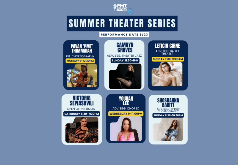 light blue background with text that says summer theatre series and contains 6 blocks of photos and info about each workshops