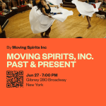 Moving Spirits dancers in flowing white skirts spinning in a circle while musicians and audience watch in a wooden indoor space