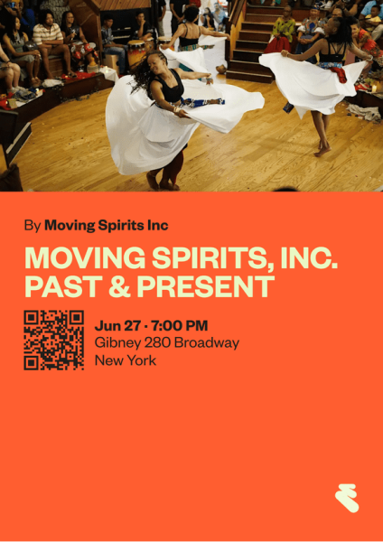 Moving Spirits dancers in flowing white skirts spinning in a circle while musicians and audience watch in a wooden indoor space