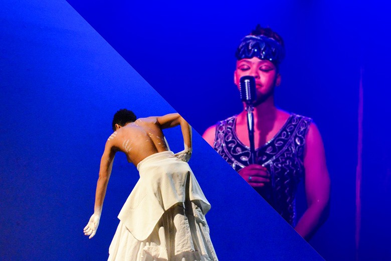 A woman dances bent over, while another woman sings into a microphone.