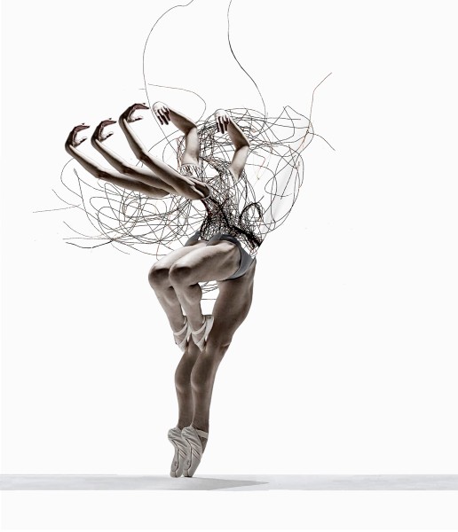 A dancer with 6 arms and 4 legs emits a sinewy sculpture through its torso