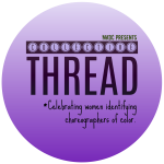 A purple ombre circle with the words: MADC presents Collective Thread-celebrating women identifying choreographers of color