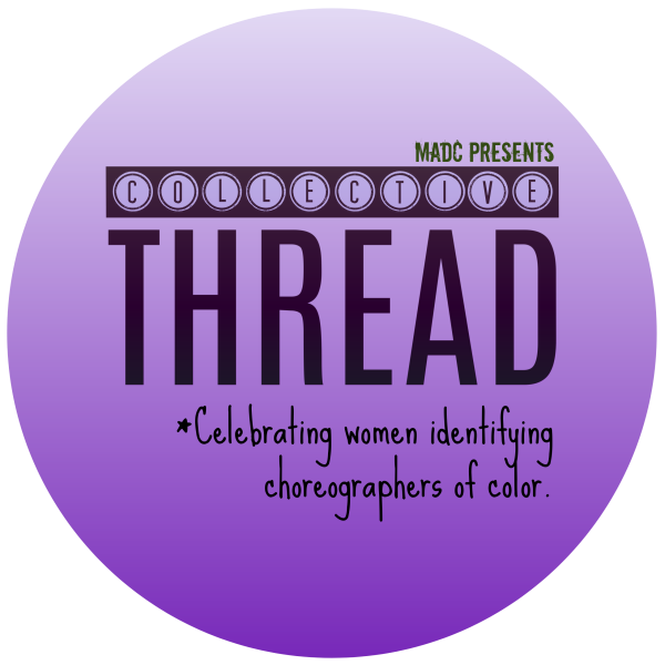 A purple ombre circle with the words: MADC presents Collective Thread-celebrating women identifying choreographers of color
