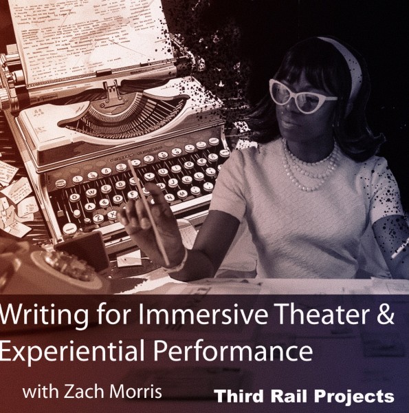 Workshop poster with with an image of a black women in 50's attire and sunglasses in front a type writer