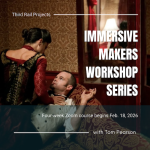 Corseted women in red with her back to the camera pins a white vested man down in red wall papered room.