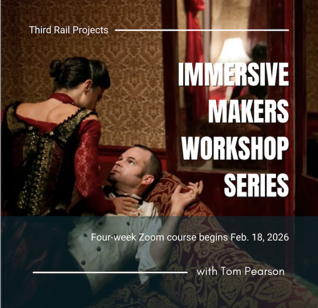 Corseted women in red with her back to the camera pins a white vested man down in red wall papered room.