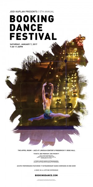 Dancer leaping into the air with Columbus Circle as a background