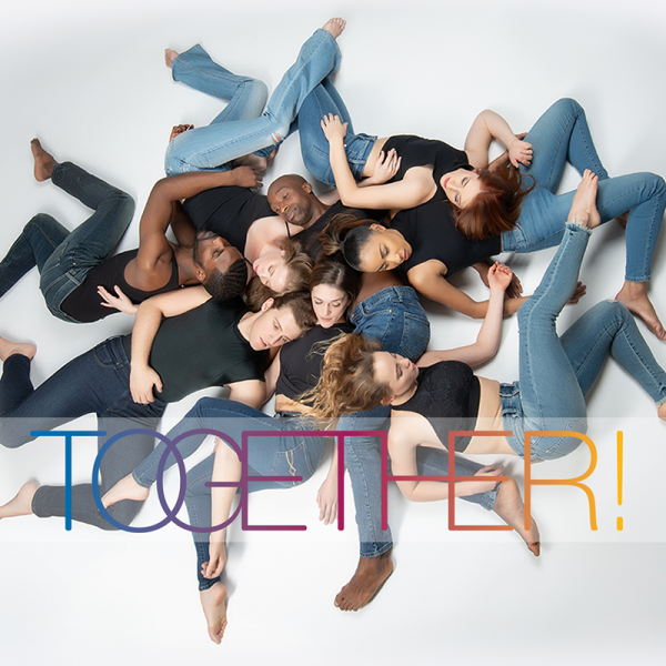 Dancers laying on floor in a group, covered by the word "TOGETHER!"