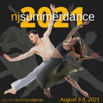 Male dancer and female dancer with arms extended outwards. Background is dark grey with mustard yellow letters