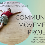 Photo of a child in red shirt and green shorts making a "Y" on floor with text that says "Community Movement Project" 