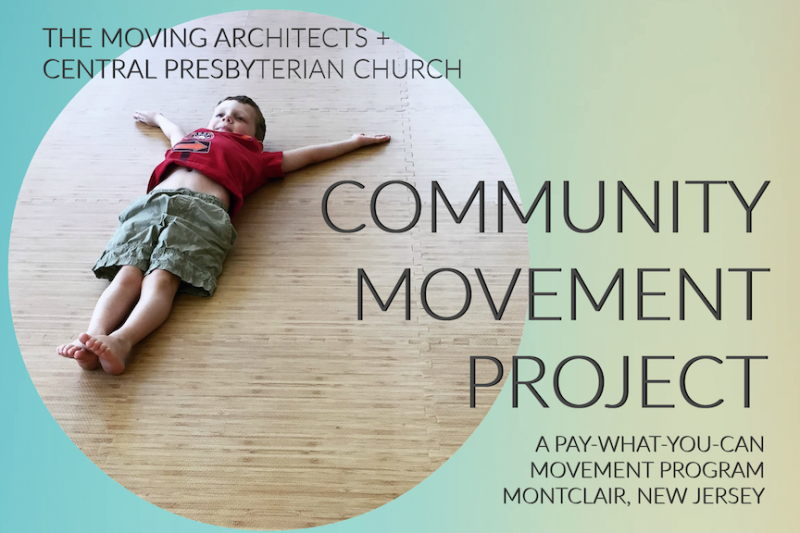 Photo of a child in red shirt and green shorts making a "Y" on floor with text that says "Community Movement Project" 