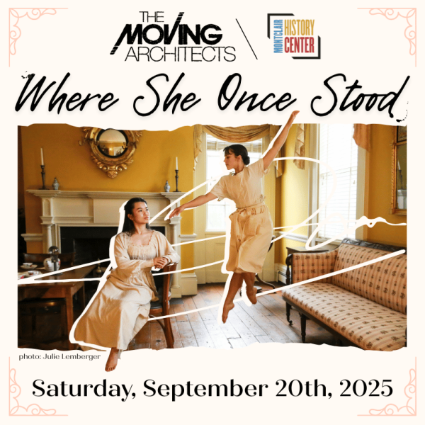 two dancers in white gowns are arms outstretched in a historic room with yellow walls. Text above reads "where she once stood"
