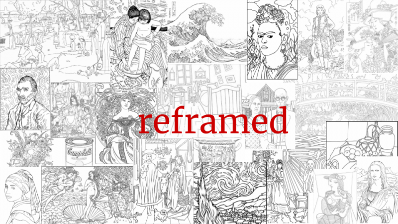 A black and white collage of art works with the red Reframed title in the center.