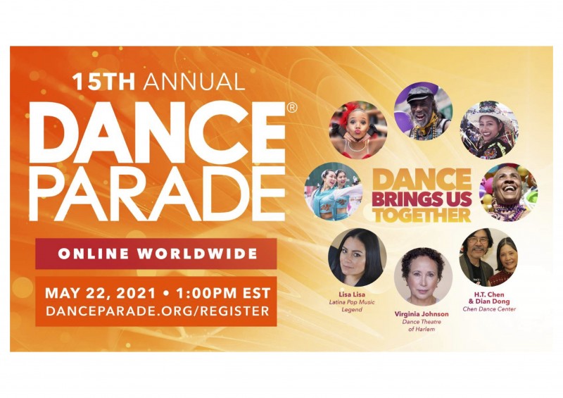 Dance Parade 2021 graphic for May 22, 2021 with Grand Marshals Virginia Johnson, H.T. Chen & Dian Dong and Lisa Lisa