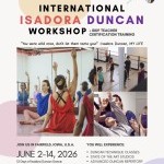 Poster for International Isadora Duncan Workshop with images of Lori Belilove teaching Duncan dance in several studios.
