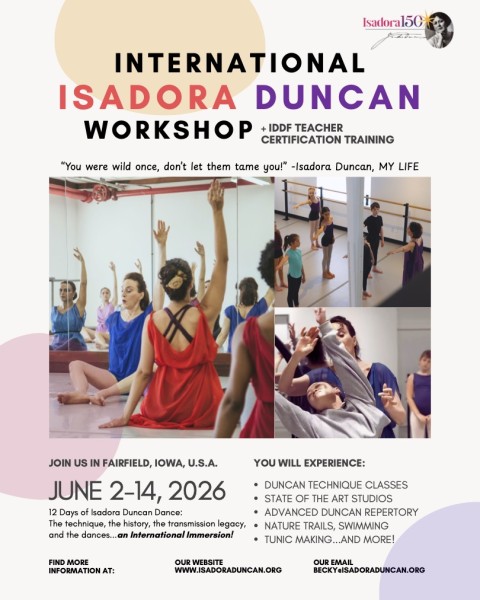 Poster for International Isadora Duncan Workshop with images of Lori Belilove teaching Duncan dance in several studios.