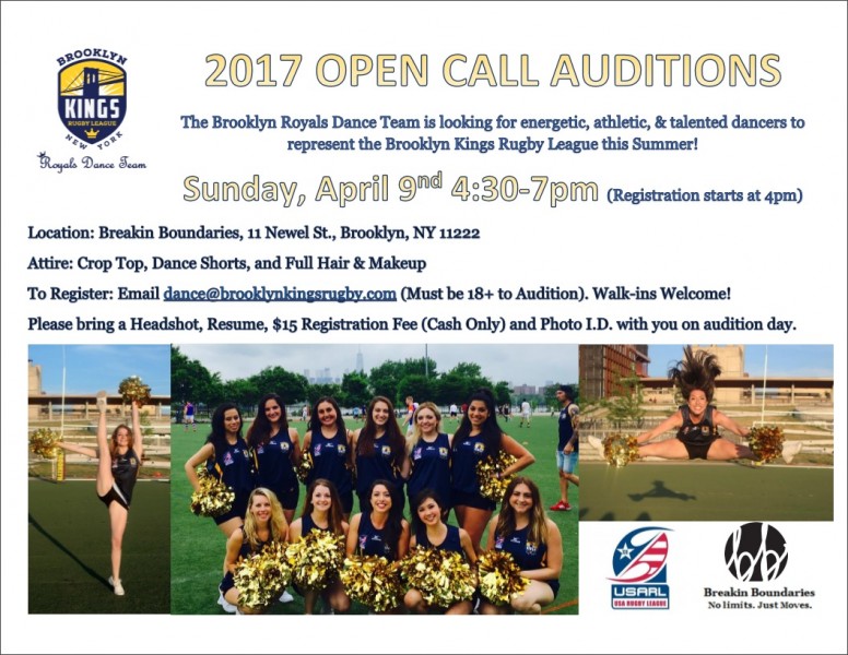 2017 Open Call Auditions for the Brooklyn Royals Dance Team. April 9th 4-7pm, at Breakin Boundaries. Must be 18+ to audition.