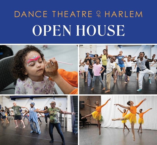 Image features 4 photos in 4 boxes featuring face painting and dance classes