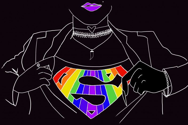 Gender-fluid person opens jacket revealing rainbow