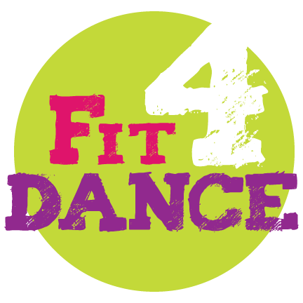 Fit4Dance Logo - Round Lime green circle with Fit(pink) 4 (white) Dance(purple) written in the inside