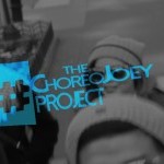  A grayscale photo of 3 dancers walking outdoors with bold blue text saying the choreojoey project covering the dancers faces