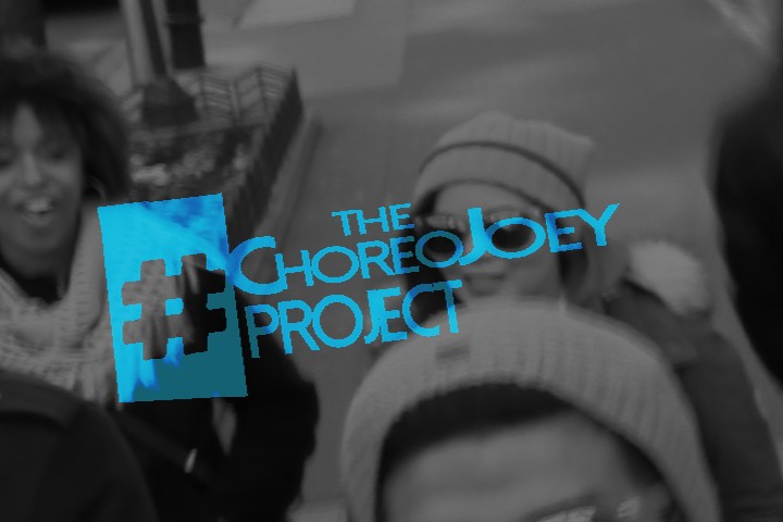  A grayscale photo of 3 dancers walking outdoors with bold blue text saying the choreojoey project covering the dancers faces