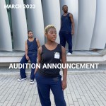 Three dancers stand at different depths wearing navy blue sweat pants and tank top with A.I.M logo with text announcing audition