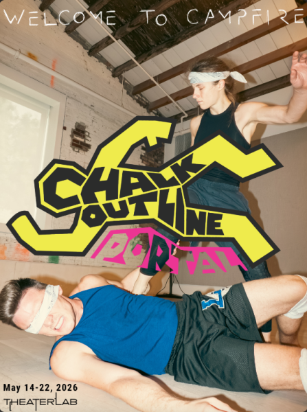 Black, yellow, and pink logo of the words "Chalk Outline Portal" arranged in and around a blocky, horizontal outline of a person