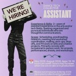 A black and white image of a woman holding a sign reading "We're Hiring." Behind her is a lavender background & the job info.