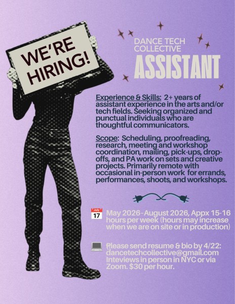 A black and white image of a woman holding a sign reading "We're Hiring." Behind her is a lavender background & the job info.