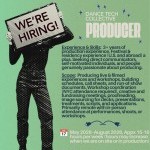 A black and white image of a woman holding a screen reading "we're hiring." Behind her is a green background & job description.