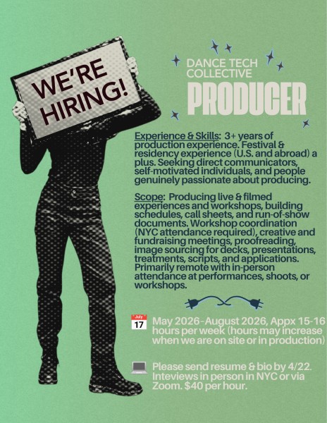 A black and white image of a woman holding a screen reading "we're hiring." Behind her is a green background & job description.