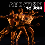 Four male dancers perform on a black background, Audition to Join and Pilobolus logo overlay in white and red