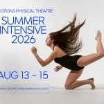 A promotional flyer for Emotions Physical Theatre featuring a female dancer in a powerful ground lunging pose