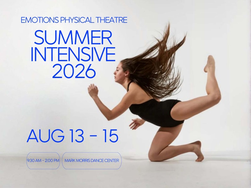 A promotional flyer for Emotions Physical Theatre featuring a female dancer in a powerful ground lunging pose 