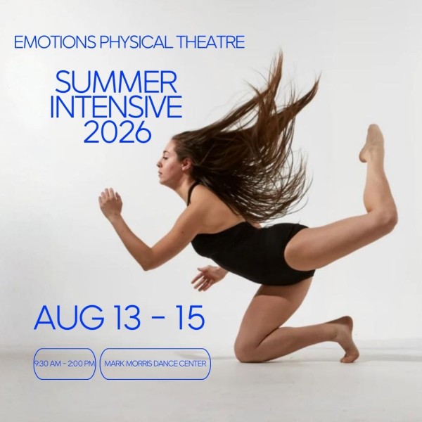 A promotional flyer for Emotions Physical Theatre featuring a female dancer in a powerful ground lunging pose 