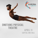A promotional flyer for Emotions Physical Theatre featuring a male dancer in a powerful, horizontal mid-air leap