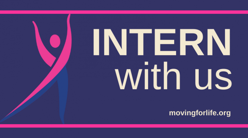 INTERN with Us with our logo on the Left hand side - a pink and blue clip art dance shape with arms overhead and left leg out
