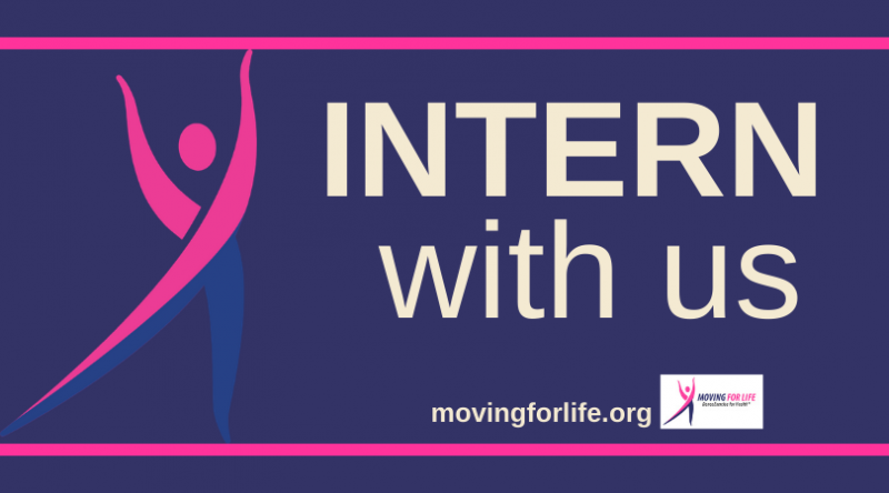 INTERN with Us with our logo on the Left hand side - a pink and blue clip art dance shape with arms overhead and left leg out