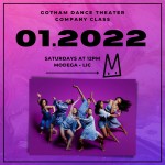 Seven dancers against a purple backdrop, underneath Gotham Dance Theater Company Class information and Modega logo.