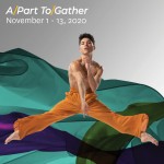 Image of dancer jumping in front of multi colored fabric