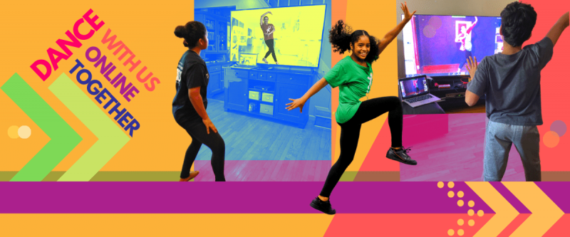 Girl dancing with a green shirt and black leggings. Smiling and mid jump.