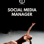 A dancer on stage reaches up to the text "Social Media Manager"
