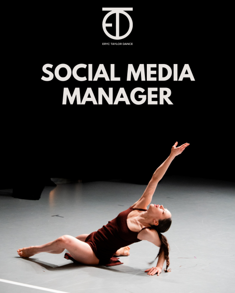 A dancer on stage reaches up to the text "Social Media Manager"