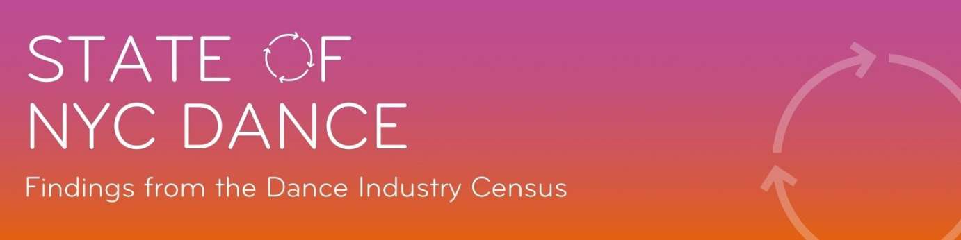 Alt text: Horizontal banner with a pink to orange gradient background. White text over the image reads: 'State of NYC Dance. Findings from the Dance Industry Census'. In the 'O' of 'of' is a rotating wheel icon. This same rotating wheel iconography rests on the right side of the banner.