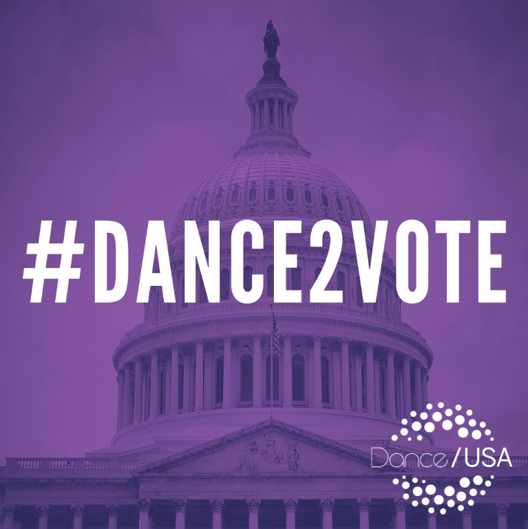U.S. Capitol building with a purple overlay. Text on the image reads '#Dance2Vote'. The Dance/USA logo is in the bottom right corner.