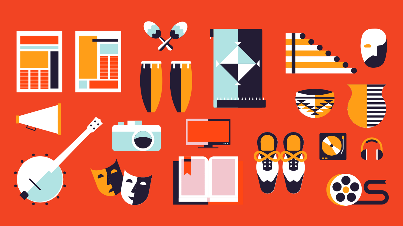 Orange background with icons representing arts and culture: a camera; a book; dance shoes; instruments, etc