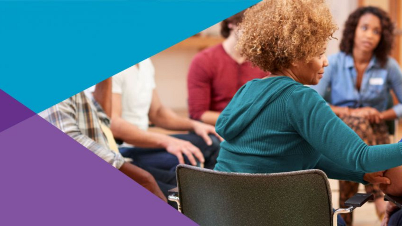 Image of people conversing in a room together. ECF’s purple and blue branding colors rest over the left side of the image.