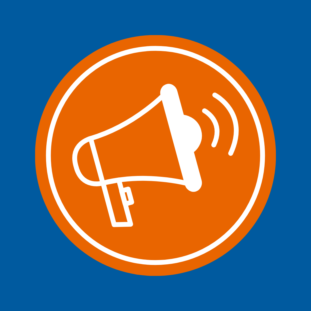 A Blue square featuring an orange circle in the center of it. Within the circle are white outlines that create the shape of a bullhorn.