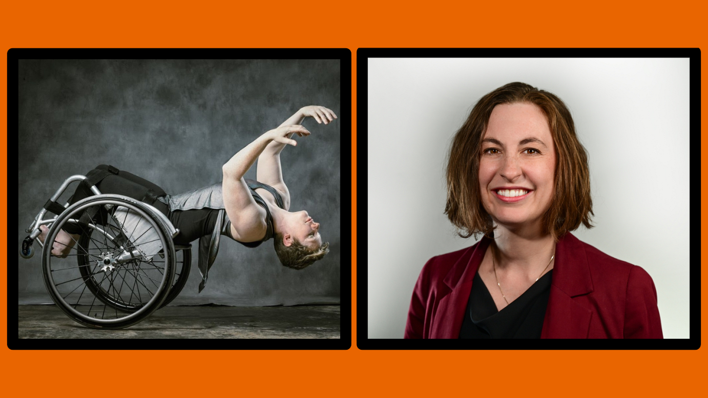 photo collage of Laurel Lawson and Ashley Ferro-Murray side by side. Laurel dances in a wheelchair, and Ashley is posing, smiling.